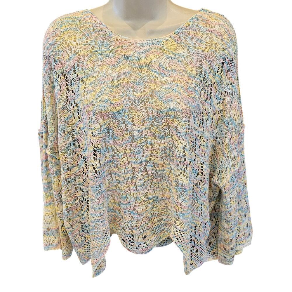 Pol pastel crochet scalloped hem trim M slub wide arm relaxed fit layering top - Picture 2 of 10
